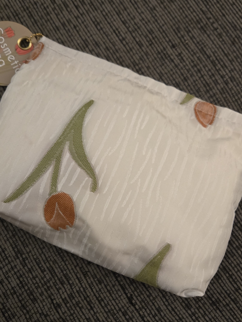 Floral Embroidered White Cosmetic Pouch in Green and Orange